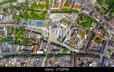 Vue aérienne, Hagen-Mitte, Friedrich-Ebert-Platz, Sparkassen-Karree, Volme Galerie et Rathaus Galerie, prise de vue fisheye, prise de vue à 360 degrés, remorquage de taille moyenne Banque D'Images