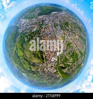 Vue aérienne, centre-ville avec centre commercial, Friedrich-Ebert-Platz, Volme Galerie et Rathaus Galerie, globe terrestre, vue fisheye, vue à 360 degrés, cen Banque D'Images