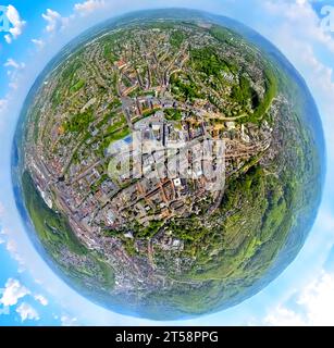 Vue aérienne, centre-ville avec centre commercial, Friedrich-Ebert-Platz, Volme Galerie et Rathaus Galerie, globe terrestre, vue fisheye, vue à 360 degrés, cen Banque D'Images