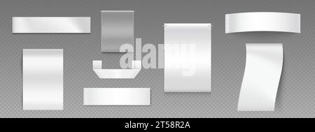 Étiquettes de tissu et boucles ensemble isolé sur fond transparent. Illustration réaliste vectorielle de maquettes d'étiquettes de tissu rectangulaires vierges avec des points, morceau de coton pour la taille, le matériau, les informations de lavage Illustration de Vecteur