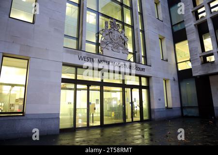 Vue de l'entrée de Westminster magistrates court sur Marylebone Road, Londres, Royaume-Uni, le 3 novembre 2023 Banque D'Images