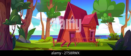 Maison en bois en forêt avec rivière. Illustration de dessin animé vectoriel de chalet rustique confortable avec patio, arbres verts, herbe et mousse sur les pierres, eau bleue du lac, nuages moelleux dans le ciel bleu, bois de conte de fées Illustration de Vecteur