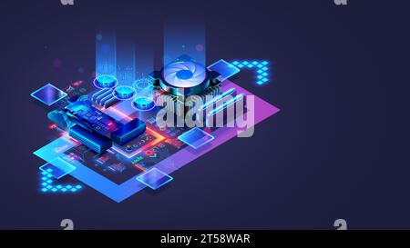 PROCESSEUR. Processeur d'ordinateur à puce numérique abstrait et composants électroniques sur carte mère ou carte de circuit imprimé. Technologie développer des dispositifs électroniques sur micr Illustration de Vecteur