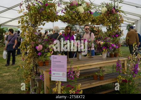 Installation florale « Sense and Sustainability » (visiteurs et magnifique exposition créative sans mousse) - Flower Show, Tatton Park 2023, Cheshire Angleterre Royaume-Uni. Banque D'Images