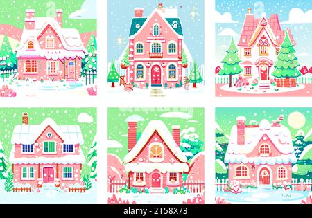 Graphique illustré hiver maison mignon conte de fées maison rose et vecteur d'illustration d'arbre de Noël Illustration de Vecteur