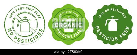 Sans pesticide, emblème sans pesticides, estampille verte en croix spray chimique Illustration de Vecteur
