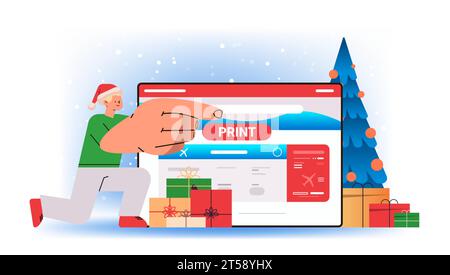 homme dans le chapeau du père noël impression de billets via l'application informatique réservation en ligne de recherche pour le concept de service de vol horizontal Illustration de Vecteur