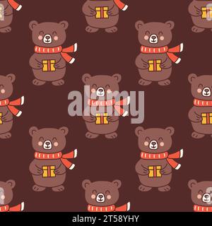 Modèle sans couture avec ours mignon en écharpe rouge tenant cadeau dans la boîte. Illustration vectorielle colorée doodle dessiné à la main. Ambiance festive. Animal forestier sauvage. Ne Illustration de Vecteur