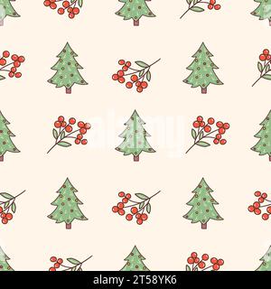 Modèle sans couture avec branche de rowan rouge et arbre de Noël décoré avec des boules du nouvel an. Fond d'hiver. Doodle dessiné à la main vectoriel coloré. Prin Illustration de Vecteur