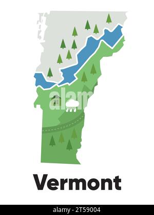 Vermont map shape of states cartoon style with forest tree and river landscape graphic illustration Stock Vector