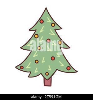 Sapin de Noël simple décoré avec des boules du nouvel an. Carte de vacances. Illustration vectorielle dessinée à la main colorée doodle isolé. Joyeux Noël et heureux Illustration de Vecteur