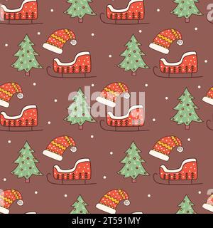 Modèle sans couture avec arbre de Noël, chapeau de Père Noël et traîneau rouge. Neige. Illustration vectorielle dessinée à la main colorée de vacances doodle. Imprimer pour Chris Illustration de Vecteur