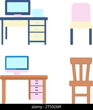 Ensemble d'icônes illustrées graphiques bureau et chaise avec mobilier d'élévation pour ordinateur Illustration de Vecteur