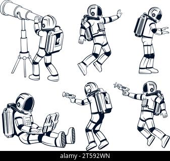 Astronaute dans une combinaison spatiale dans diverses poses Illustration de Vecteur