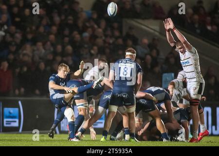 Manchester, Royaume-Uni. 03 novembre 2023. Sale Gus Warr se met à zéro *** lors du Gallagher Premiership Rugby match entre sale Sharks et Gloucester au stade AJ Bell, Manchester, Royaume-Uni le 3 novembre 2023. Photo de Simon Hall. Usage éditorial uniquement, licence requise pour un usage commercial. Aucune utilisation dans les Paris, les jeux ou les publications d'un seul club/ligue/joueur. Crédit : UK Sports pics Ltd/Alamy Live News Banque D'Images