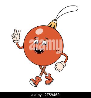 Boule rouge de Noël groovy. Personnage de dessin animé groovy rétro. Jouet traditionnel de décoration de sapin de Noël dans le style doodle. Illustration vectorielle isolée sur blanc Illustration de Vecteur