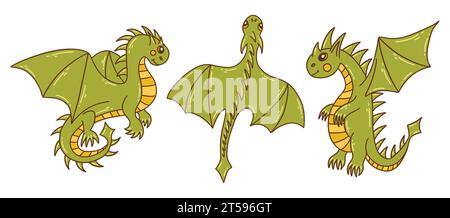 Groupe de dragons volants verts. Vecteur coloré isolé illustration dessinée à la main doodle. Symbole de l'année 2024. Reptile des pays asiatiques, orienta Illustration de Vecteur