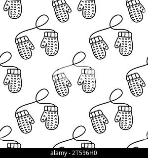 Motif sans couture avec de jolies moufles chaudes tricotées sur ficelle. Accessoire d'hiver pour les mains. Illustration vectorielle noir et blanc doodle dessiné à la main. Imprimer FO Illustration de Vecteur