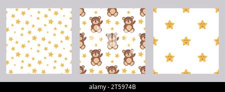 Motifs sans couture de bébé avec des personnages mignons. Ensemble de fonds de style dessin animé ours et étoiles. Imprimer pour la conception de vêtements, textiles et papier peint pour nouveau Illustration de Vecteur