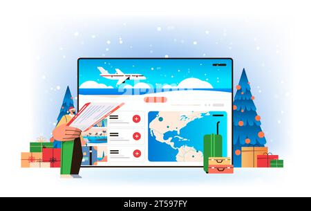 homme dans le chapeau du père noël à la recherche de billets les moins chers disponibles via l'application mobile réservation en ligne recherche de concept de service de vol Illustration de Vecteur