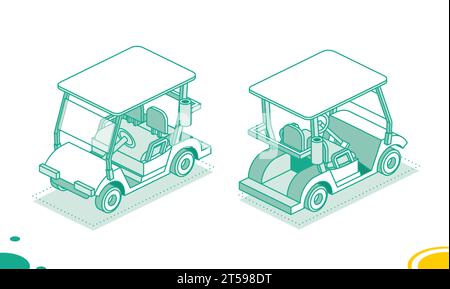 Voiturette de golf isolée sur fond blanc. Symbole isométrique de voiture de golf. Illustration vectorielle. Vues avant et arrière. Illustration de Vecteur