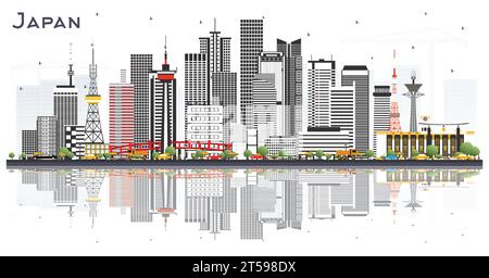 Skyline de Japan City avec des bâtiments gris et des reflets isolés sur blanc. Illustration vectorielle. Concept touristique avec architecture historique. Illustration de Vecteur