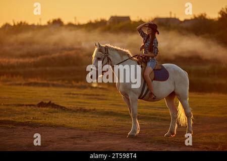 Belle jeune femme avec les cheveux longs dans le chapeau de cow-boy avec le cheval brun à l'extérieur dans la nature Banque D'Images