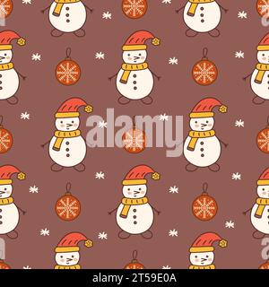 Modèle sans couture avec bonhomme de neige en écharpe et chapeau rouge et boule de Noël rouge en verre avec flocon de neige. Illustration vectorielle colorée doodle dessiné à la main. Nouveau Ye Illustration de Vecteur