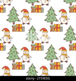 Modèle sans couture avec bonhomme de neige en écharpe et chapeau rouge, arbre de Noël et boîtes cadeaux. Illustration vectorielle colorée doodle dessiné à la main. Symbole du nouvel an, h Illustration de Vecteur