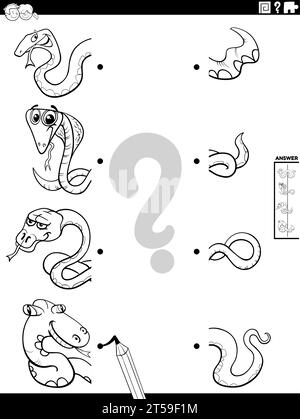 Illustration de dessin animé noir et blanc de l'activité éducative de la correspondance des moitiés d'images avec des serpents animaux personnages à colorier page Illustration de Vecteur