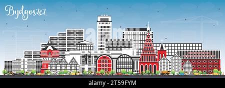 Bydgoszcz Pologne Skyline de la ville avec des bâtiments de couleur et le ciel bleu. Illustration vectorielle. Bydgoszcz paysage urbain avec des monuments. Illustration de Vecteur