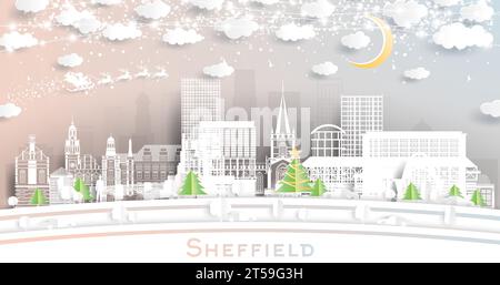 Sheffield Royaume-Uni. Skyline de ville d'hiver dans le style de papier découpé avec flocons de neige, lune et guirlande de néon. Noël, concept du nouvel an. Père Noël sur traîneau. Sheff Illustration de Vecteur