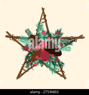 Couronne de Noël avec branches brunes et cônes, baies rouges et branches d'épinette verte en forme d'étoile. Vecteur Illustration de Vecteur