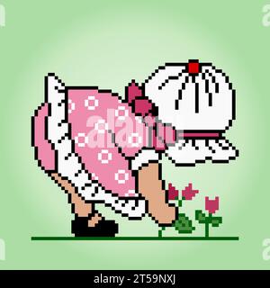 Pixel 8 bits de fille portant un chapeau est la cueillette de fleur. Fille pour les actifs de jeu et les motifs de point de croix dans les illustrations vectorielles. Illustration de Vecteur