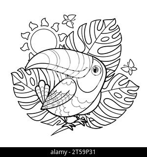 Joyeux toucan parmi les feuilles. Dessin linéaire noir et blanc. Pour la conception pour enfants de livres de coloriage, impressions, affiches, cartes, autocollants, puzzles, Illustration de Vecteur