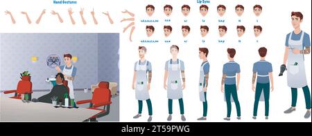 Une feuille de modèle barber, set de création. Feuille de rotation de styliste de cheveux, gestes de la main, synchronisation des lèvres Illustration de Vecteur