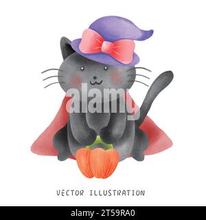 Embrassez l'enchantement d'Halloween avec cette peinture de style aquarelle d'un chat noir mignon habillé comme un vampire. Prêt pour la fête d'Halloween, le Illustration de Vecteur