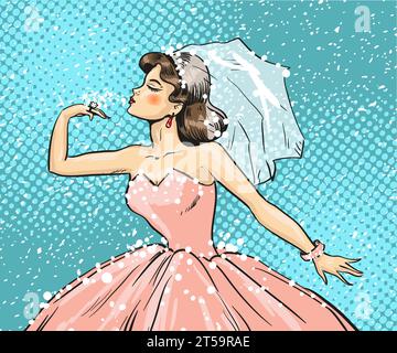 Illustration vectorielle de mariée regardant bague de mariage sur son doigt. Belle dame portant robe de mariée et voile de mariée dans le style rétro pop art comique. Illustration de Vecteur