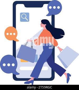 Personnage féminin dessiné à la main tenant un cadeau avec smartphone dans le concept de shopping en ligne dans un style plat isolé sur fond Illustration de Vecteur