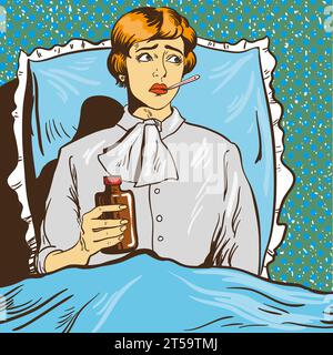 Femme malade avec de la fièvre s'allonge sur un lit dans la chambre d'hôpital. Fille avec thermomètre dans la bouche. Illustration vectorielle dans le style comique pop art. Illustration de Vecteur