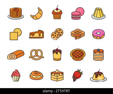 Icônes de ligne de couleur de dessert et de boulangerie. Gâteau, crêpes, gaufres, croissants et jus de gelée, beignet, biscuits craquelés, pâte sucrée au macaron et au bretzel, confiserie et pictogrammes de contour de cuisson Illustration de Vecteur