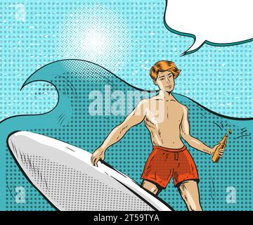 Illustration vectorielle de jeune homme debout sur la planche de surf et chevauchant sur la vague de l'océan, bulle de parole. Élément de conception de concept de sports nautiques en rétro pop art c Illustration de Vecteur