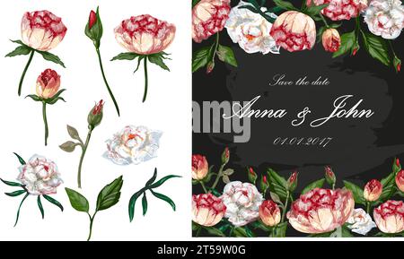 Illustration vectorielle de l'invitation de mariage, carte de voeux avec des fleurs de pivoine. Ensemble de parties de base isolées du bourgeon, de la fleur, de la tige et de la feuille de la pivoine. Illustration de Vecteur