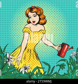 Illustration vectorielle pop art de belle fille arrosant des fleurs avec arrosoir dans le jardin. Illustration de Vecteur