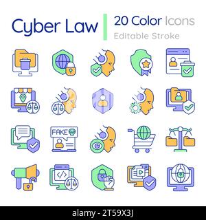 Icônes de ligne colorées personnalisables définies pour la cyber-loi Illustration de Vecteur