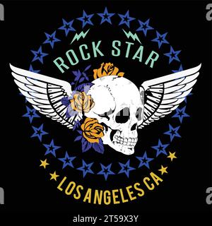 Rock star. T-shirt à motif crâne ailé entouré d'étoiles isolé sur noir. Illustration de Vecteur