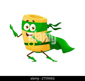 Personnage de super-héros italien de nourriture de pâtes de dessin animé paccheri. Vecteur isolé personnage de gardien de nouilles drôle avec visage mignon pour menu enfants. Super héros porter le masque vert défenseur et la cape utilisent le superpouvoir Illustration de Vecteur