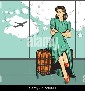 Belle femme assis sur un sac à l'aéroport. Illustration vectorielle dans le style pop art rétro comique. Illustration de Vecteur