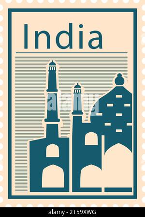 Timbre postal avec TAJ MAHAL célèbre monument d'AGRA, INDE Illustration de Vecteur