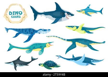Personnages mignons de dinosaures aquatiques de dessin animé. Megalodon Ophtalmosaurus, Liopleurodon, Kronosaurus et Tylosaurus, Plesiosaurus, ichtyosaure et Archelon, personnages de vecteur de dinosaure marin Elasmosaurus Illustration de Vecteur